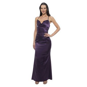 Juniors' Jump Apparel Cowl Neck Satin Gown With Rouched Detailing