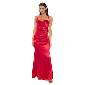 Juniors' Jump Apparel Cowl Neck Satin Gown With Rouched Detailing