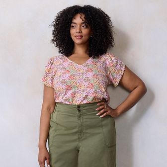 Plus Size LC Lauren Conrad Tulip Sleeve V-Neck Tee
