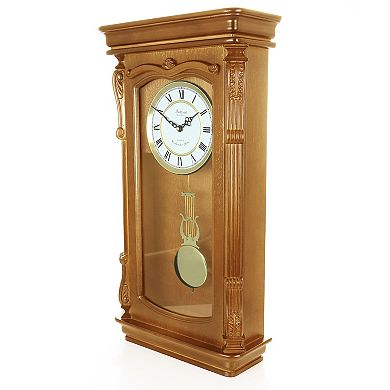 Bedford Clock Collection Golden Oak Chiming Pendulum Wall Clock