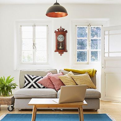 Bedford Collection 25 Inch Wall Clock with Pendulum and Chime in Dark Redwood Oak Finish