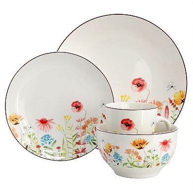 Elama Wildflower Meadow 16 Piece Stoneware Dinnerware Set in White and Multi