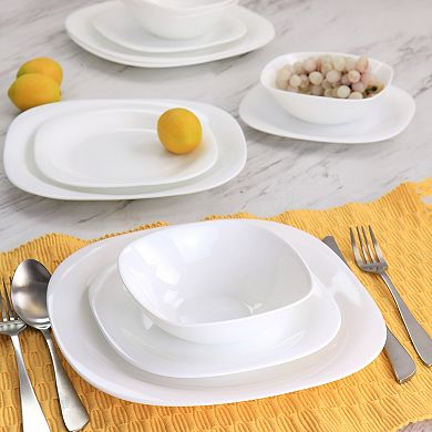 Piazza 18 Piece Soft Square Tempered Opal Glass Dinnerware Set in White