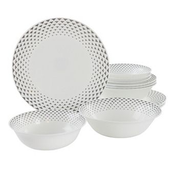 Cane Peak 12 pc Opal Glass Dinnerware Set in White With Grey Accents