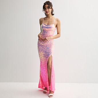 Juniors' Jump Apparel Ombre Sequin Lace Up Back Gown