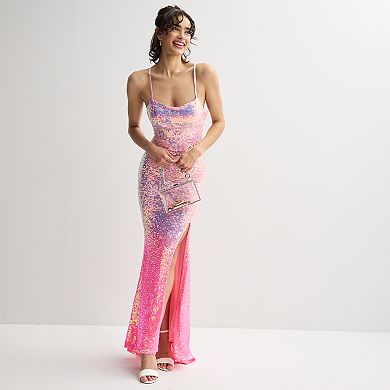 Juniors' Jump Apparel Ombre Sequin Lace Up Back Gown