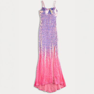 Juniors' Jump Apparel Ombre Sequin Lace Up Back Gown