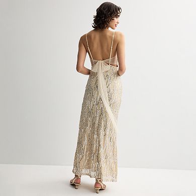 Juniors' Jump Apparel Beaded And Sequin Tulle Tie Back Gown