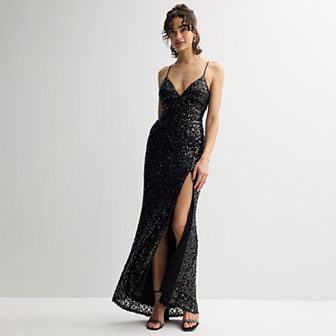 Juniors' Jump Apparel Iridescent Sequin Lace Up Gown With Side Slit