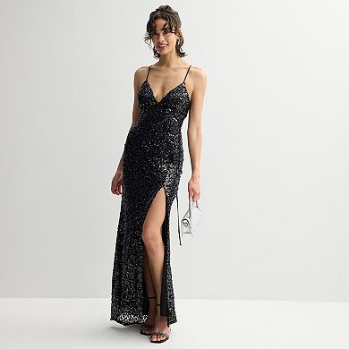 Juniors' Jump Apparel Iridescent Sequin Lace Up Gown With Side Slit
