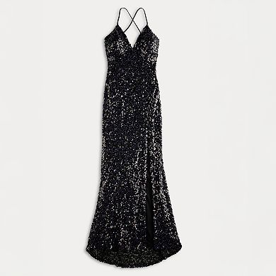 Juniors' Jump Apparel Iridescent Sequin Lace Up Gown With Side Slit