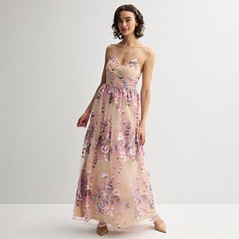 Juniors' Jump Apparel Floral Embroidered V-Neck Ballgown