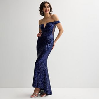 Juniors' Jump Apparel Sequin V-Front Off The Shoulder Gown