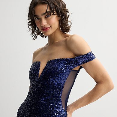 Juniors' Jump Apparel Sequin V-Front Off The Shoulder Gown