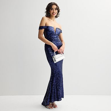 Juniors' Jump Apparel Sequin V-Front Off The Shoulder Gown