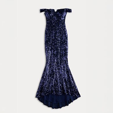Juniors' Jump Apparel Sequin V-Front Off The Shoulder Gown