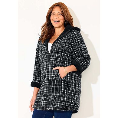 Catherines Women's Plus Size Petite Long Fleece Coat With Sherpa Lining
