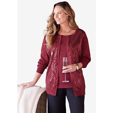 Catherines Women's Plus Size Sequin Jewel-Neck Cardigan