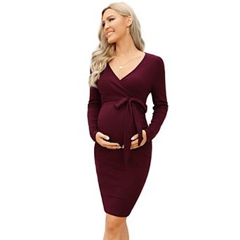 Maternity Ribbed Knit Long Sleeve Wrap V Neck Bodycon Fall Casual Sweater Mini Dress with Belt