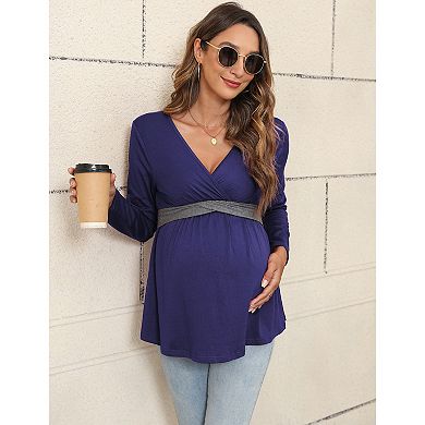 Womens Maternity Shirts Long Sleeve Pregnancy Tops Casual V Neck Knit Pregnant Blouses