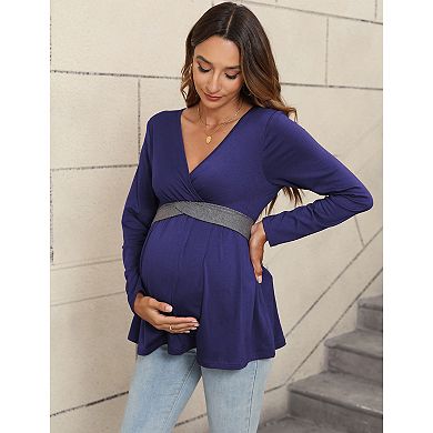 Womens Maternity Shirts Long Sleeve Pregnancy Tops Casual V Neck Knit Pregnant Blouses