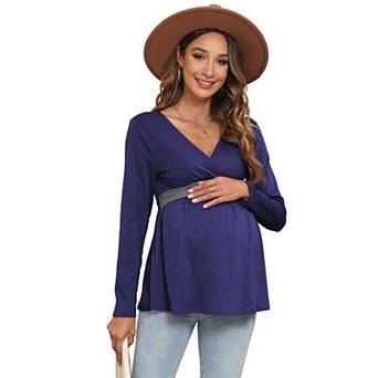 Womens Maternity Shirts Long Sleeve Pregnancy Tops Casual V Neck Knit Pregnant Blouses