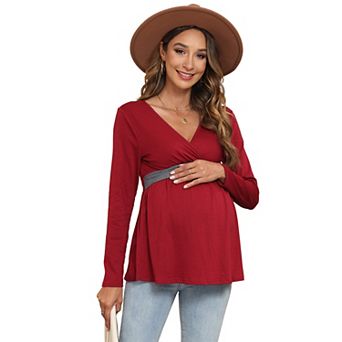 Womens Maternity Shirts Long Sleeve Pregnancy Tops Casual V Neck Knit Pregnant Blouses