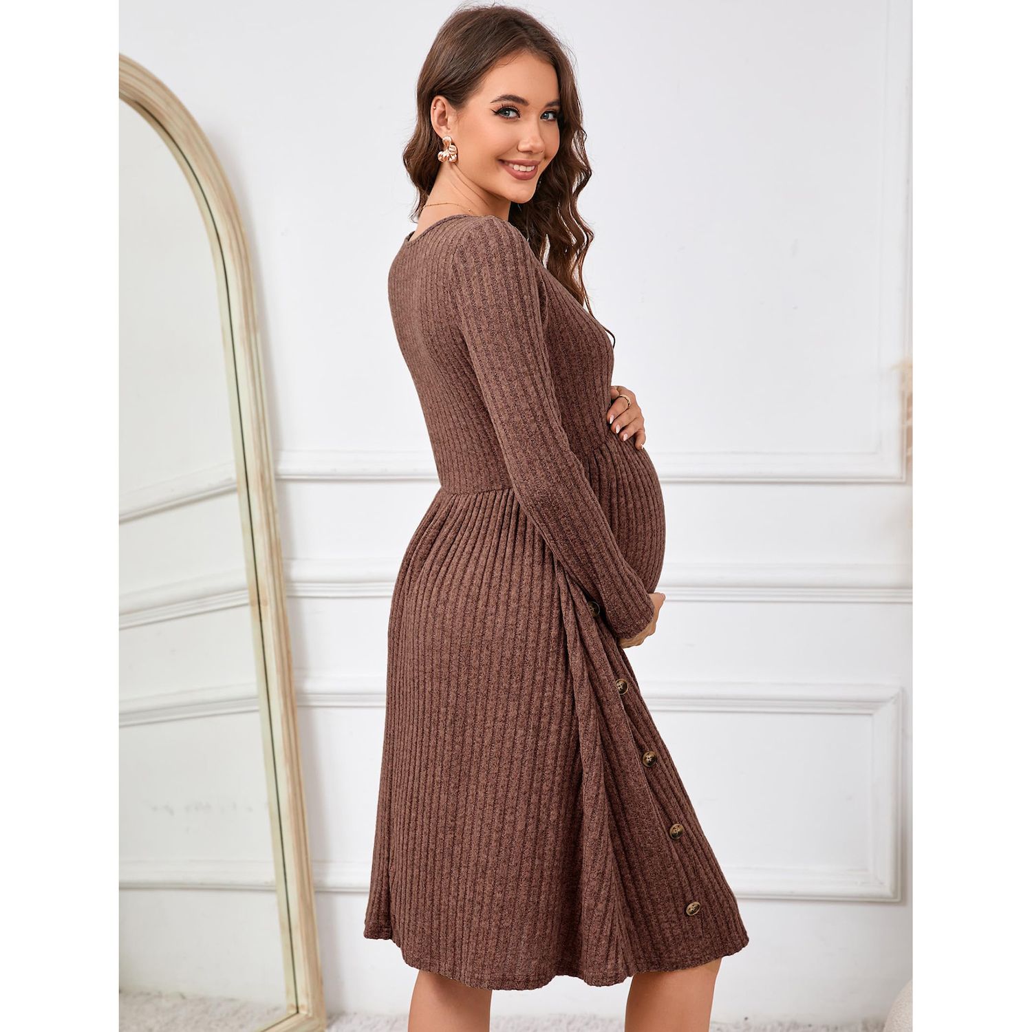 INSPIRE CHIC Crew Neck Dress For Women's 3/4 Sleeve Pleated A-Line Casual Elegant Dresses L Black