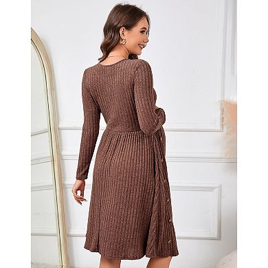 Maternity Sweater Dress Long Sleeve Crew Neck A-Line Swing Knit Sweater Midi Dresses