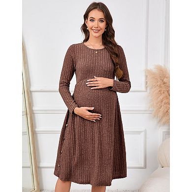 Maternity Sweater Dress Long Sleeve Crew Neck A-Line Swing Knit Sweater Midi Dresses