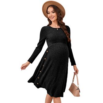 Maternity Sweater Dress Long Sleeve Crew Neck A-Line Swing Knit Sweater Midi Dresses