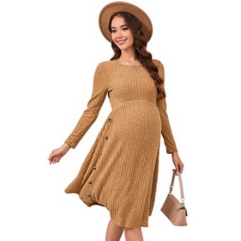 Maternity Sweater Dress Long Sleeve Crew Neck A-Line Swing Knit Sweater Midi Dresses