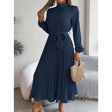 Womens Casual Mock Neck Long Lantern Sleeve Smocked Swing Pleat Party Mixi Dress with Waist Band
