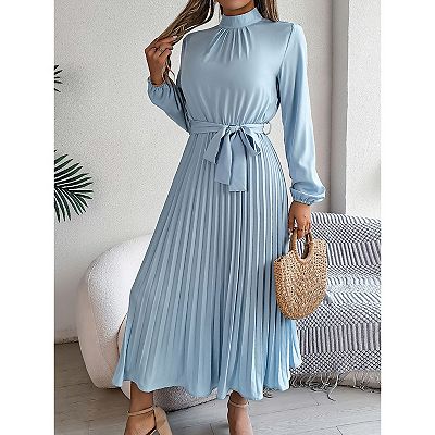 Womens Casual Mock Neck Long Lantern Sleeve Smocked Swing Pleat Party Mixi  Dress with Waist Band