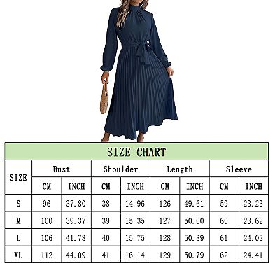 Womens Casual Mock Neck Long Lantern Sleeve Smocked Swing Pleat Party Mixi Dress with Waist Band
