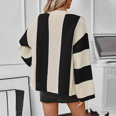 Womens Fuzzy Sweater Coats Long Sleeve Color Block Knitted Outwear Open Front Button Down Cardigans