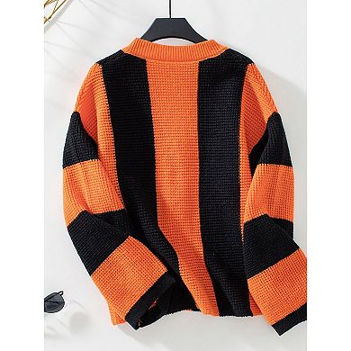 Womens Fuzzy Sweater Coats Long Sleeve Color Block Knitted Outwear Open Front Button Down Cardigans