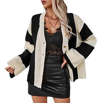 Womens Fuzzy Sweater Coats Long Sleeve Color Block Knitted Outwear Open Front Button Down Cardigans