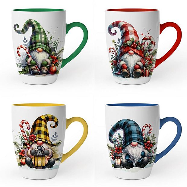 Cheerful Holiday Gnome Eclectic Ceramic Mug Set of 4, Christmas