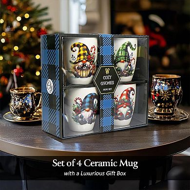 Cheerful Holiday Gnome Eclectic Ceramic Mug Set of 4, Christmas Coffee Cups for a Tableware Gift