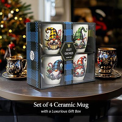 Cheerful Holiday Gnome Eclectic Ceramic Mug Set of 4, Christmas Coffee Cups  for a Tableware Gift