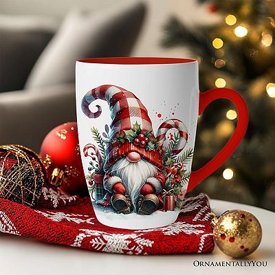 Cheerful Holiday Gnome Eclectic Ceramic Mug Set of 4, Christmas Coffee Cups  for a Tableware Gift