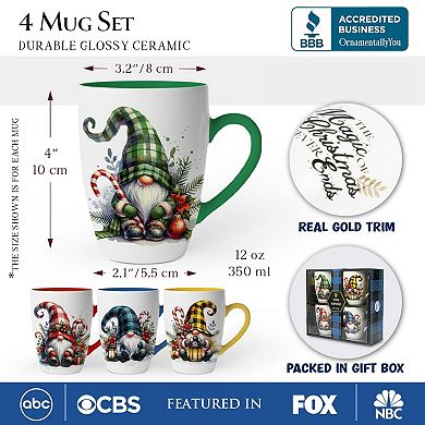Cheerful Holiday Gnome Eclectic Ceramic Mug Set of 4, Christmas Coffee Cups for a Tableware Gift