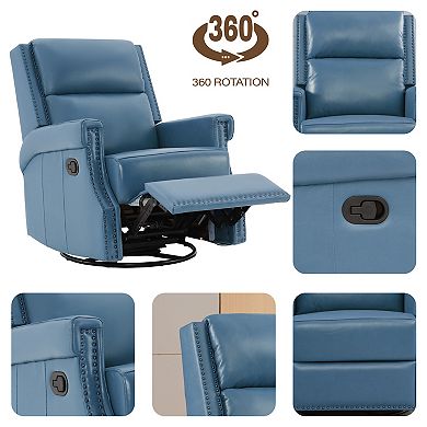 Genuine Leather Manual Rocking Recliner with 360-degree Metal Swivel Base