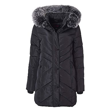 Women Long Quilted Plush Lined Outerwear Puffer Jacket Winter Coat with Faux Fur Hood
