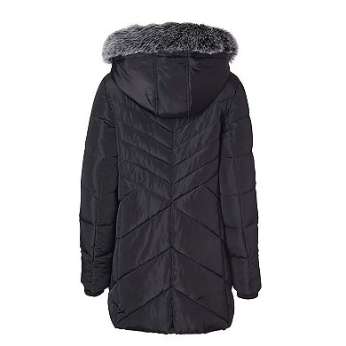 Women Long Quilted Plush Lined Outerwear Puffer Jacket Winter Coat with Faux Fur Hood