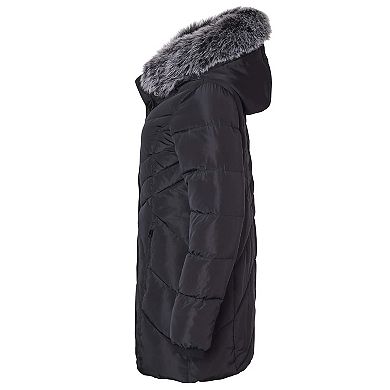 Women Long Quilted Plush Lined Outerwear Puffer Jacket Winter Coat with Faux Fur Hood