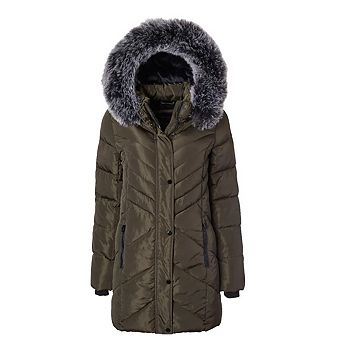 Women Long Quilted Plush Lined Outerwear Puffer Jacket Winter Coat with Faux Fur Hood
