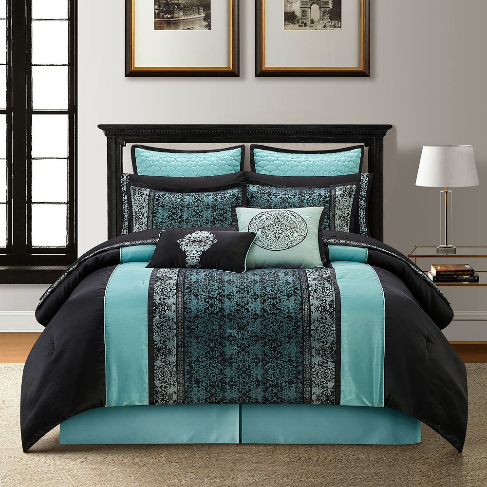 Arabesque 12 Piece Comforter Set Aqua/Black / California King, image size:1000x1000