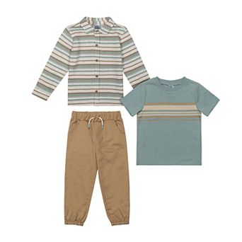 Toddler Boy Little Lad 3 pc Striped Short Sleeve T-Shirt, Button-Down Shirt & Pants Set